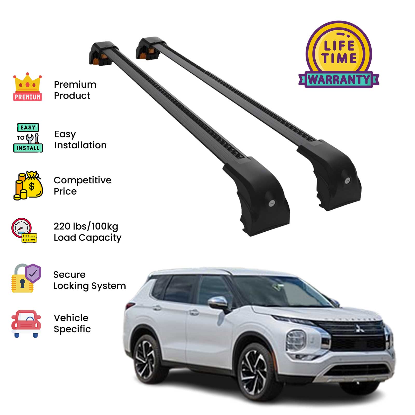 Outlander Top Rack Premium Quality Roof Rack Cross Bar set for Mitsubishi Outlander 2012 ...